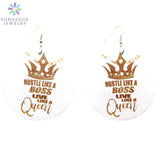 African Crown Wood Drop Earrings Hustle Like Boss Live Like Queen Afro Power