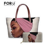 Black Art African Girl Printing 2pcs/set Hand Bag&Wallet