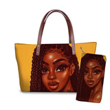 Black Art African Girl Printing 2pcs/set Hand Bag&Wallet