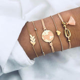 Modyle 5Pcs/set Bohemian Gold color Moon Leaf Crystal Opal Open Bracelet Set