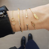 Modyle 5Pcs/set Bohemian Gold color Moon Leaf Crystal Opal Open Bracelet Set