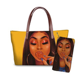 Black Art African Girl Printing 2pcs/set Hand Bag&Wallet