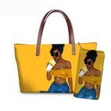 Black Art African Girl Printing 2pcs/set Hand Bag&Wallet