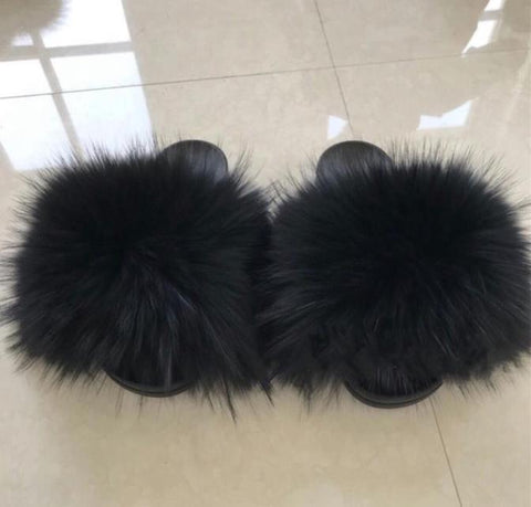 Real Raccoon Fur Slippers Women Sliders Casual Fox Hair Flat Fluffy r Big Size 45 Furry Flip Flops Shoes