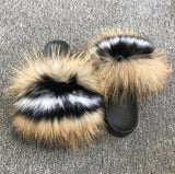 Real Raccoon Fur Slippers Women Sliders Casual Fox Hair Flat Fluffy r Big Size 45 Furry Flip Flops Shoes