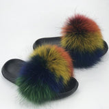 Real Raccoon Fur Slippers Women Sliders Casual Fox Hair Flat Fluffy r Big Size 45 Furry Flip Flops Shoes