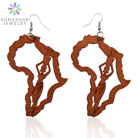 Engraved Afro Wooden Drop Earrings African Motherland Map Ethnic Tribal Pattern Handmade