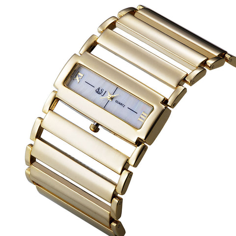 Stainless Steel Watch, Ladies Wide Steel Band Gold Silver Bracelet