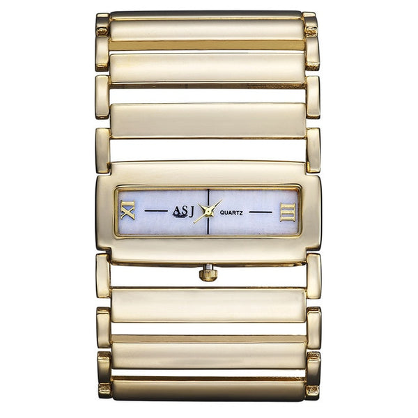 Stainless Steel Watch, Ladies Wide Steel Band Gold Silver Bracelet