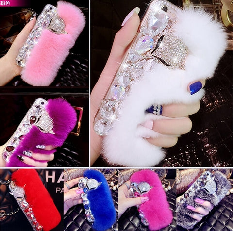 Big diamond Real rabbit fur case For Samsung S20 Ultra S10 S9 S8 Plus Note20 Ultra Note 10 Plus Top quality Luxury bling Case