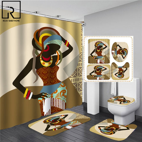 Vintage African Woman Shower curtain Set Bathroom Curtains Bath Carpet