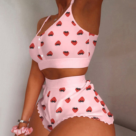 2 Pieces Kawaii Strawberry Print Lady Sleepwear