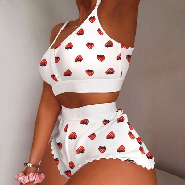 2 Pieces Kawaii Strawberry Print Lady Sleepwear