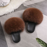 Real Raccoon Fur Slippers Women Sliders Casual Fox Hair Flat Fluffy r Big Size 45 Furry Flip Flops Shoes