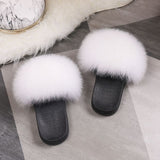 Real Raccoon Fur Slippers Women Sliders Casual Fox Hair Flat Fluffy r Big Size 45 Furry Flip Flops Shoes