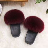 Real Raccoon Fur Slippers Women Sliders Casual Fox Hair Flat Fluffy r Big Size 45 Furry Flip Flops Shoes