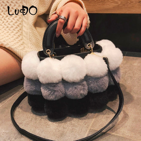 LUCDO Winter Faux Fur Luxury New Ladies Cute Tote Designer Handbag Hair Ball Shoulder Messenger Bags
