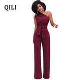 QILI Hot Sale One Shoulder Jumpsuits Summer Sleeveless Belt Wide Leg Elegant Lady Casual Jumpsuits White Black Blue Red Yellow