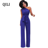 QILI Hot Sale One Shoulder Jumpsuits Summer Sleeveless Belt Wide Leg Elegant Lady Casual Jumpsuits White Black Blue Red Yellow
