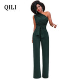 QILI Hot Sale One Shoulder Jumpsuits Summer Sleeveless Belt Wide Leg Elegant Lady Casual Jumpsuits White Black Blue Red Yellow