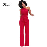 QILI Hot Sale One Shoulder Jumpsuits Summer Sleeveless Belt Wide Leg Elegant Lady Casual Jumpsuits White Black Blue Red Yellow