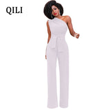QILI Hot Sale One Shoulder Jumpsuits Summer Sleeveless Belt Wide Leg Elegant Lady Casual Jumpsuits White Black Blue Red Yellow