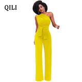 QILI Hot Sale One Shoulder Jumpsuits Summer Sleeveless Belt Wide Leg Elegant Lady Casual Jumpsuits White Black Blue Red Yellow