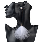 Elegant Fluffy Feather, Pearl Chain Long Dangle Drop Earrings