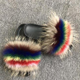 Real Raccoon Fur Slippers Women Sliders Casual Fox Hair Flat Fluffy r Big Size 45 Furry Flip Flops Shoes
