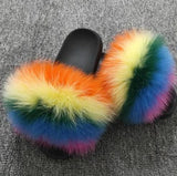 Real Raccoon Fur Slippers Women Sliders Casual Fox Hair Flat Fluffy r Big Size 45 Furry Flip Flops Shoes