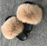 Real Raccoon Fur Slippers Women Sliders Casual Fox Hair Flat Fluffy r Big Size 45 Furry Flip Flops Shoes