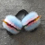 Real Raccoon Fur Slippers Women Sliders Casual Fox Hair Flat Fluffy r Big Size 45 Furry Flip Flops Shoes